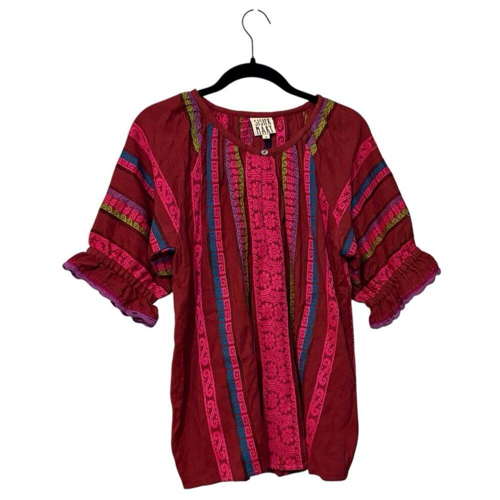 Sundry Pink & Burgundy Embroidered Peasant Blouse